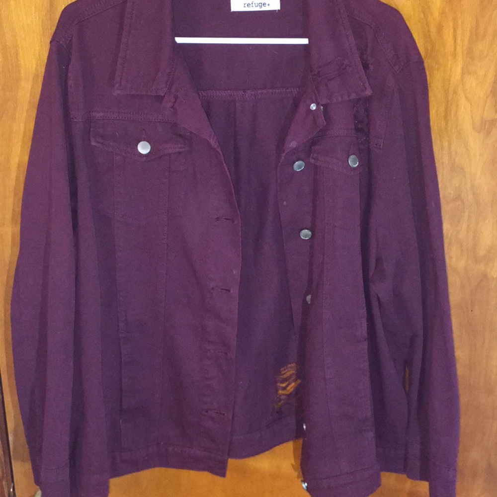 Oversized Distressed maroon denim jacket